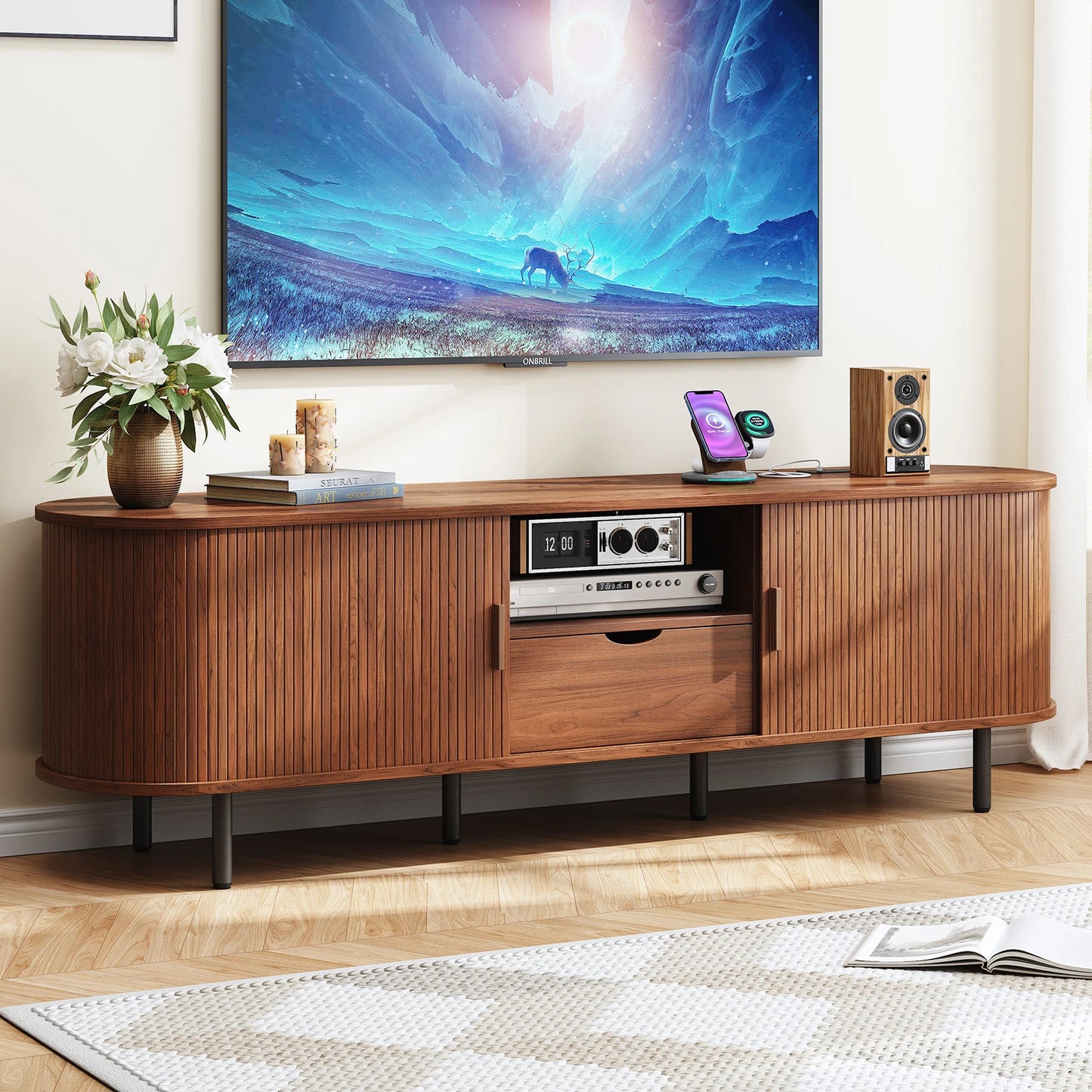 69" TV Stand Entertainment Center with Adjustable Shelves & Drawer, Power outlet