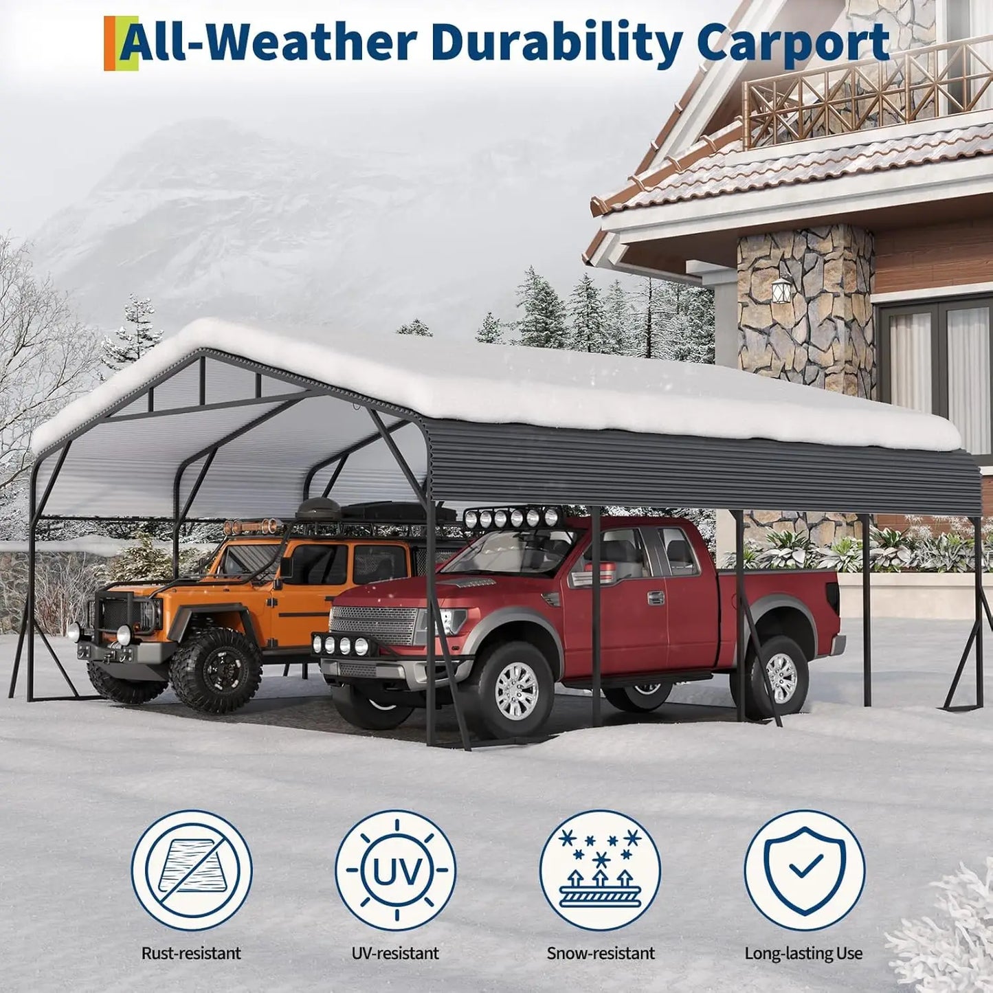20x20 FT Heavy Duty Galvanized Steel Roof, Reinforced Base, Outdoor Car Shelter