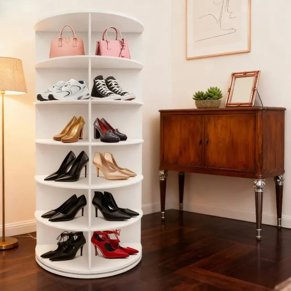 6-Tier Rotating Shoe Rack, 360° Spinning Storage Organizer for 24-28 Pairs.