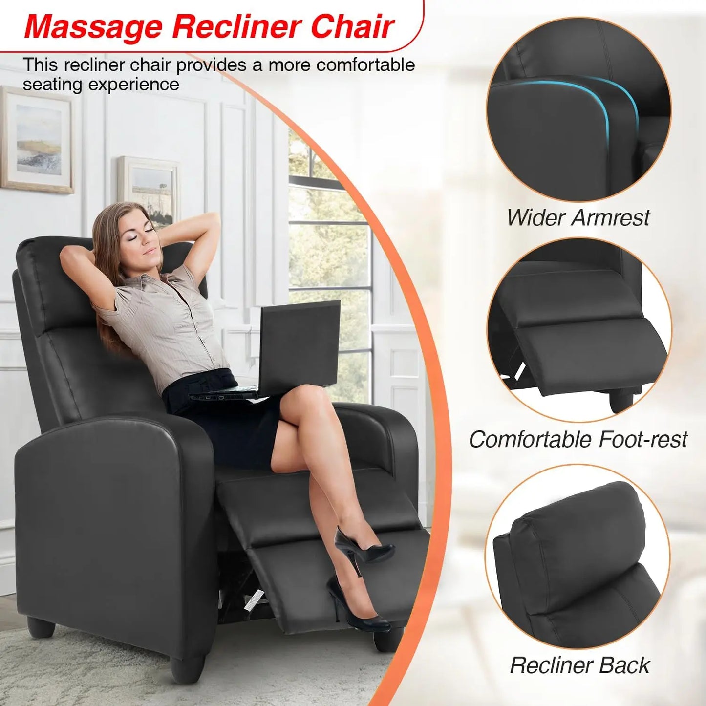 Leather Massage Recliner with Lumbar Support and Adjustable Backrest