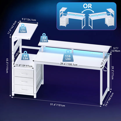 52In to 59In Gaming Desk with 3 Storage Drawers, LED Lights, and Power Outlets