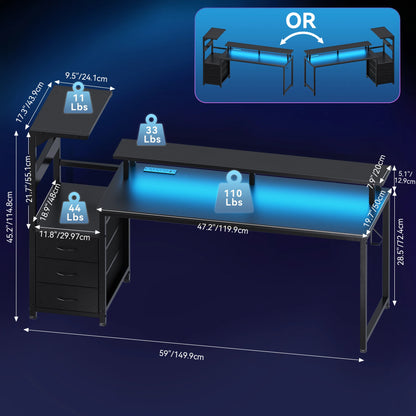 52In to 59In Gaming Desk with 3 Storage Drawers, LED Lights, and Power Outlets