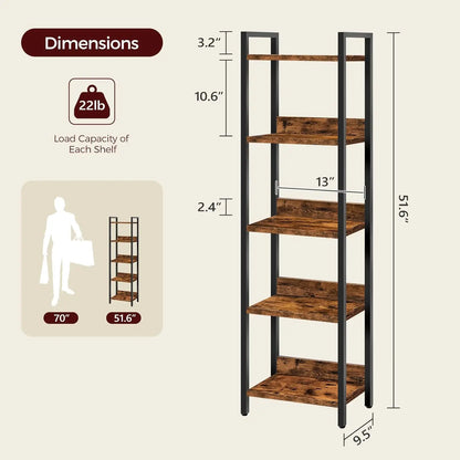 5-Tier Bookcase for Small Spaces, Rustic Brown & Black.