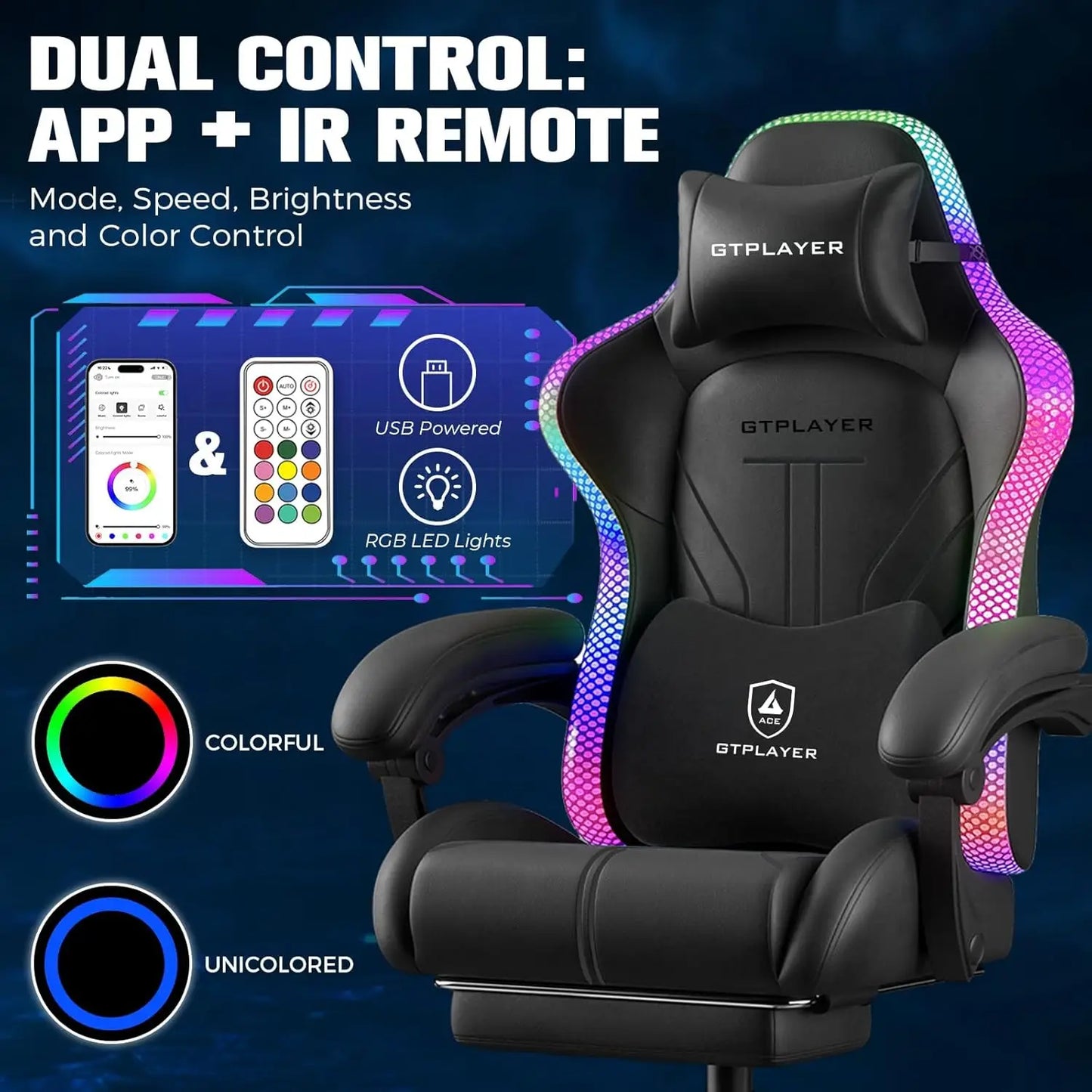 Ergonomic Gaming Chair with RGB LED Lights, High Back, Footrest & Reclining Feature