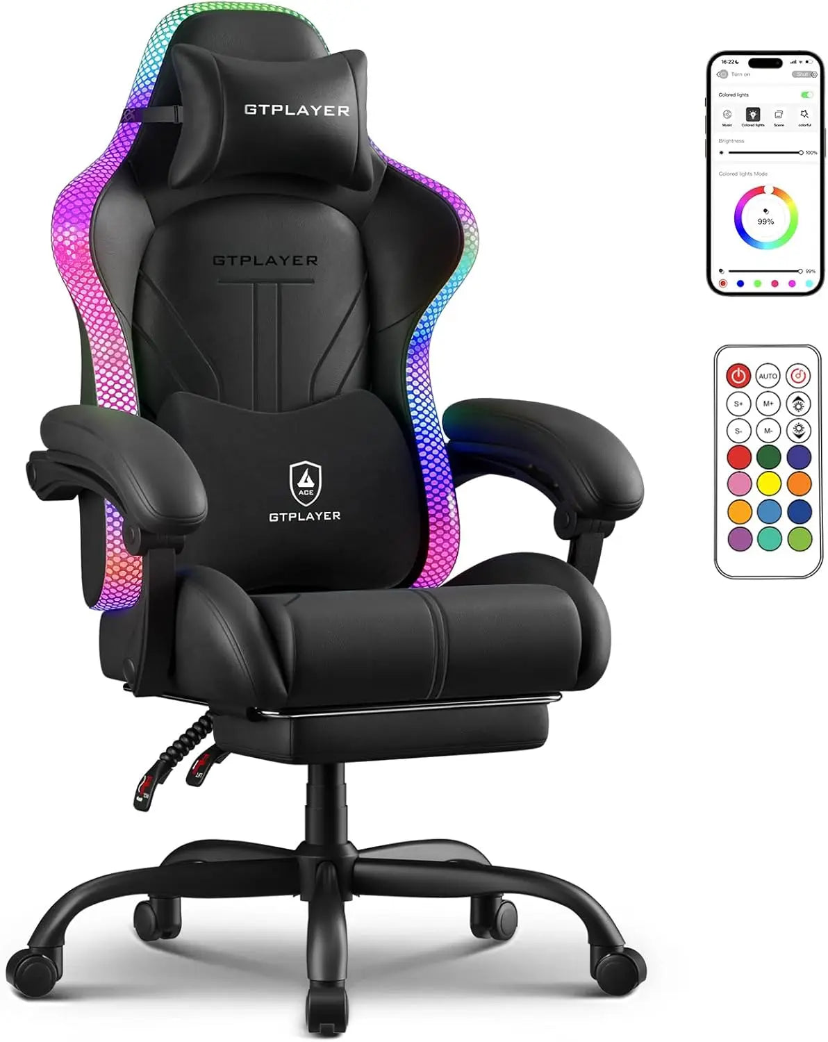 Ergonomic Gaming Chair with RGB LED Lights, High Back, Footrest & Reclining Feature