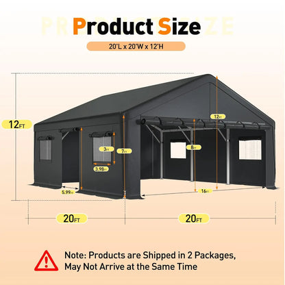 20x20 Portable Heavy Duty Metal Garage with Side Doors and Roll-Up Windows