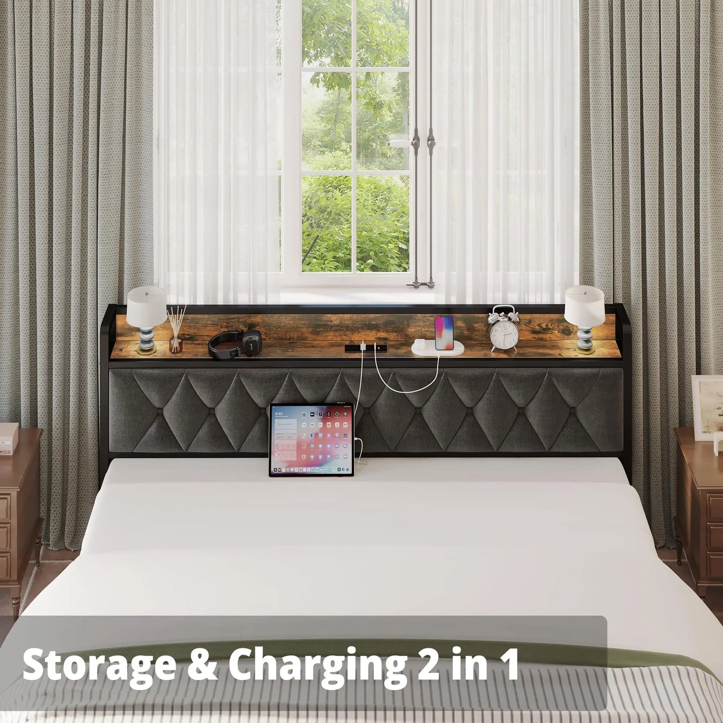 Storage Headboard with Outlets, Twin/Twin XL/Full/Queen/King/California King Bed Frames, No Box Springs Needed