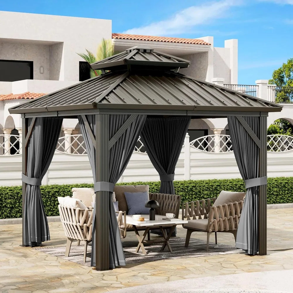 10 x10 FT Heavy Duty Aluminum Hardtop Gazebo with Curtains & Netting
