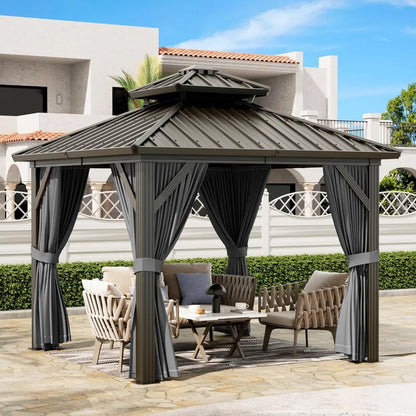 10 x10 FT Heavy Duty Aluminum Hardtop Gazebo with Curtains & Netting