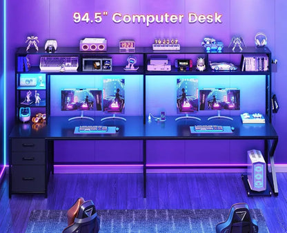 L-Shaped Gaming Desk with Storage, LED Lights & Power Outlet