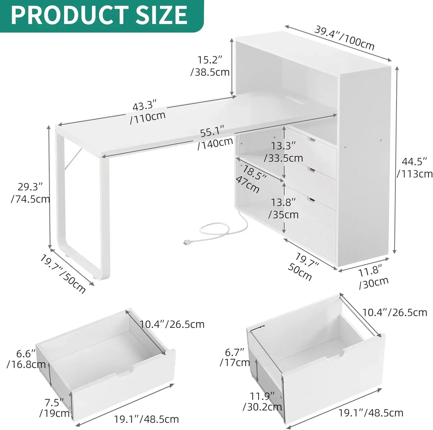 55" L shaped Computer Desk with Power Outlets, LED Lights, Drawers, and Bookshelf