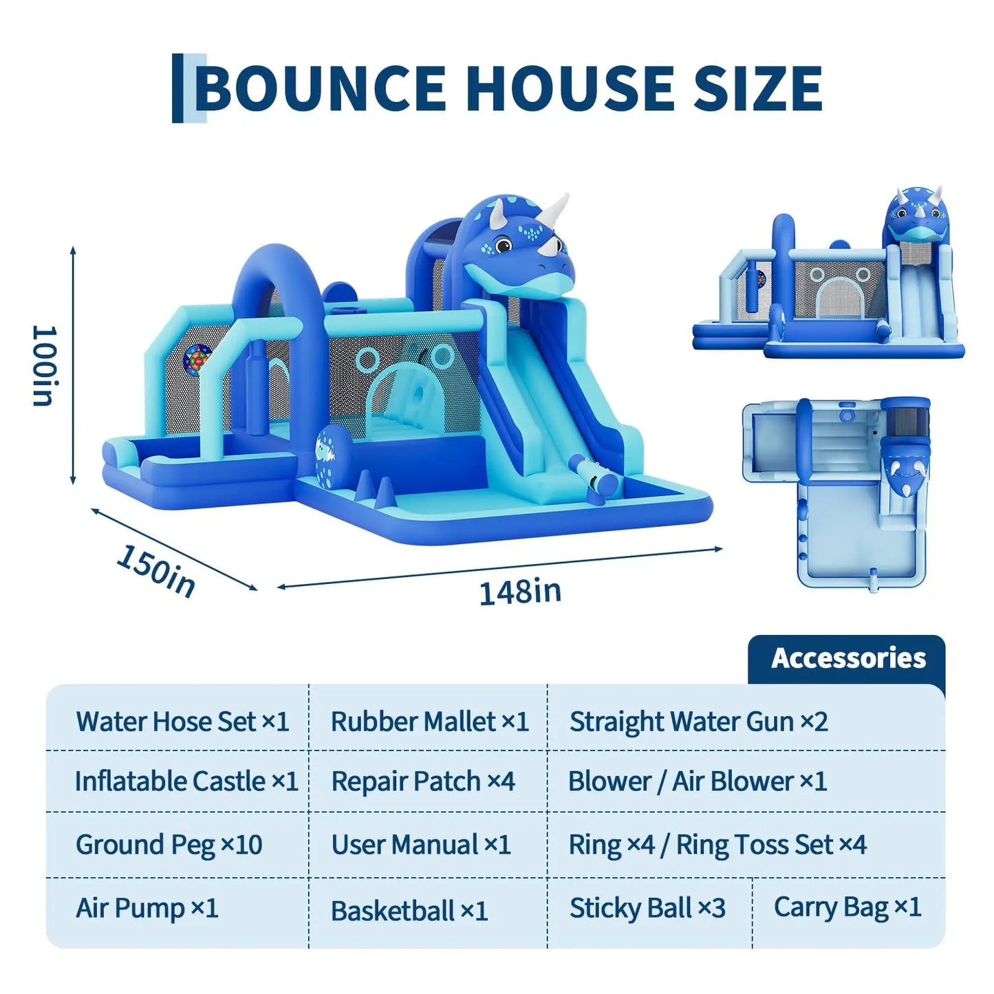 Large Inflatable Dinosaur Bounce House with Slide & Water Features