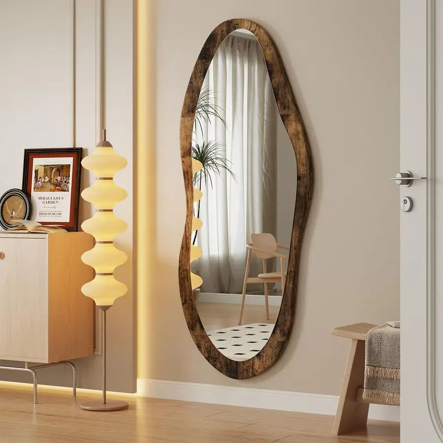 Large Wood Framed 47x20 Vintage Irregular Wall Mirror Full Length