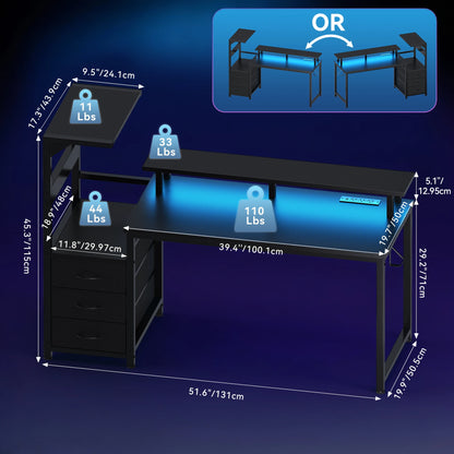 52In to 59In Gaming Desk with 3 Storage Drawers, LED Lights, and Power Outlets