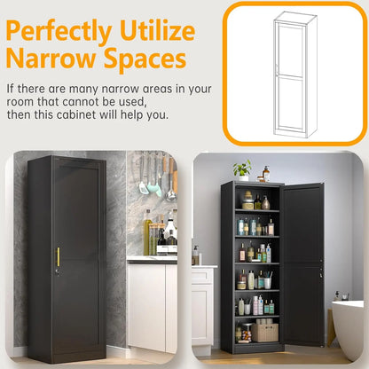 Black Single Door Locking Metal Cabinet 67"H 20"W