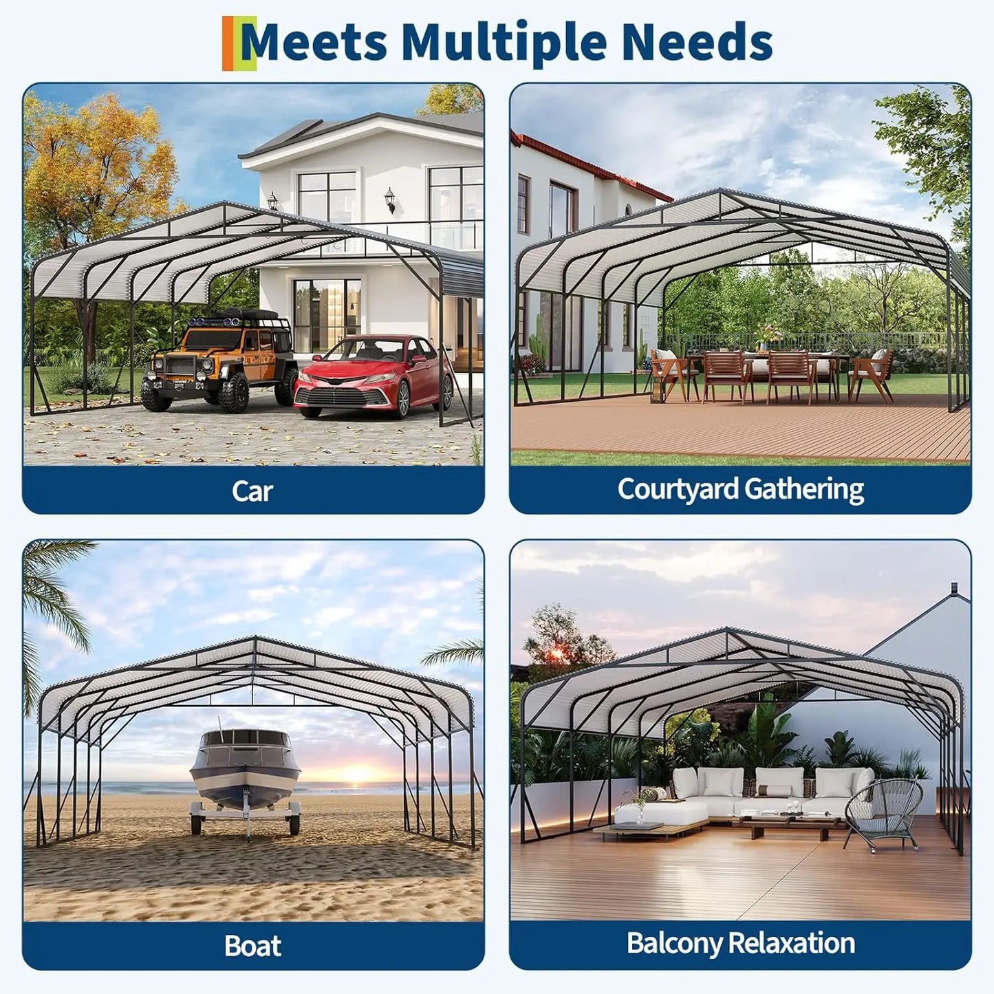 20x20 FT Heavy Duty Galvanized Steel Roof, Reinforced Base, Outdoor Car Shelter