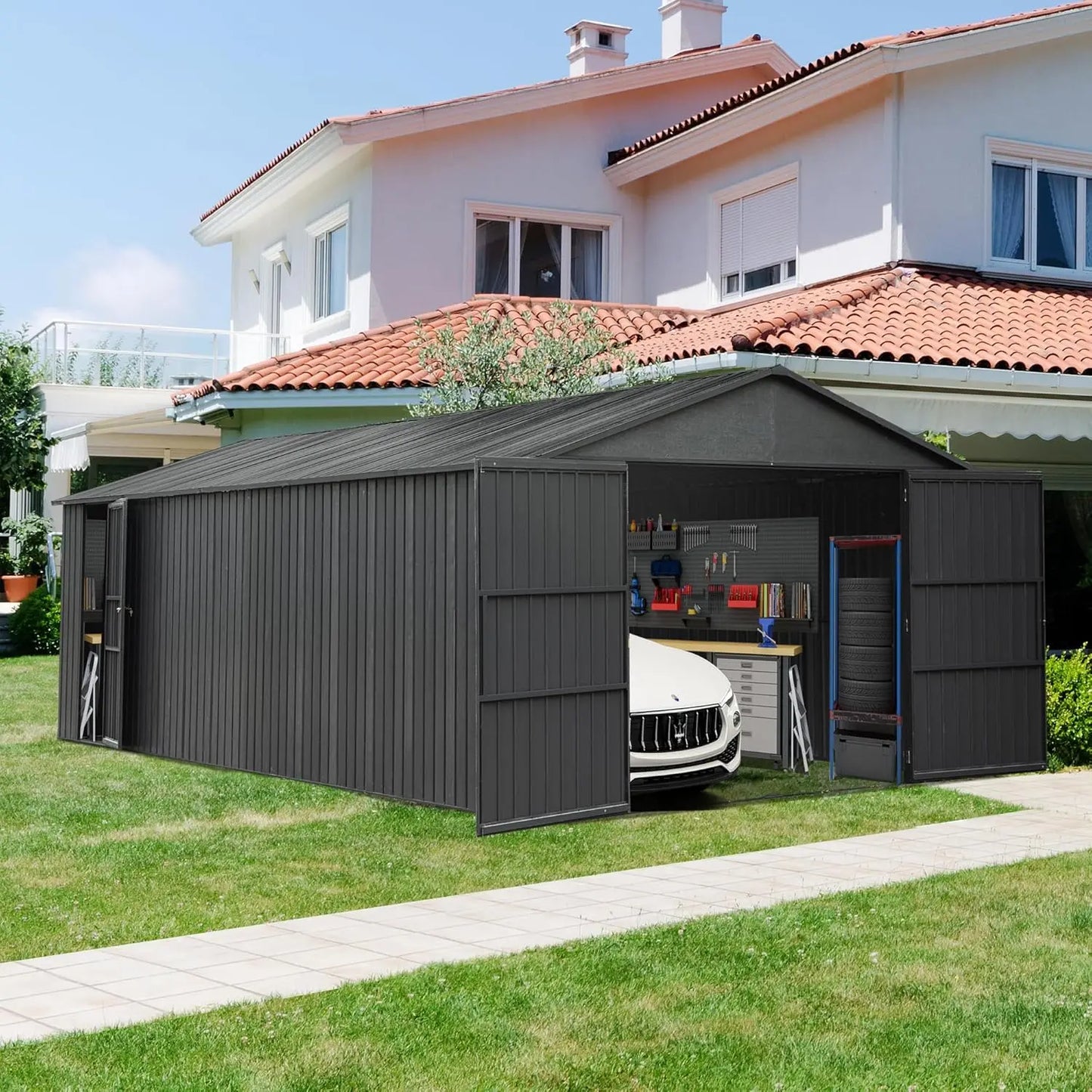 12x20ft Metal Garage / Carport with Lockable Double Side Doors and Storage