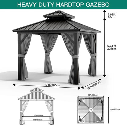 10 x10 FT Heavy Duty Aluminum Hardtop Gazebo with Curtains & Netting