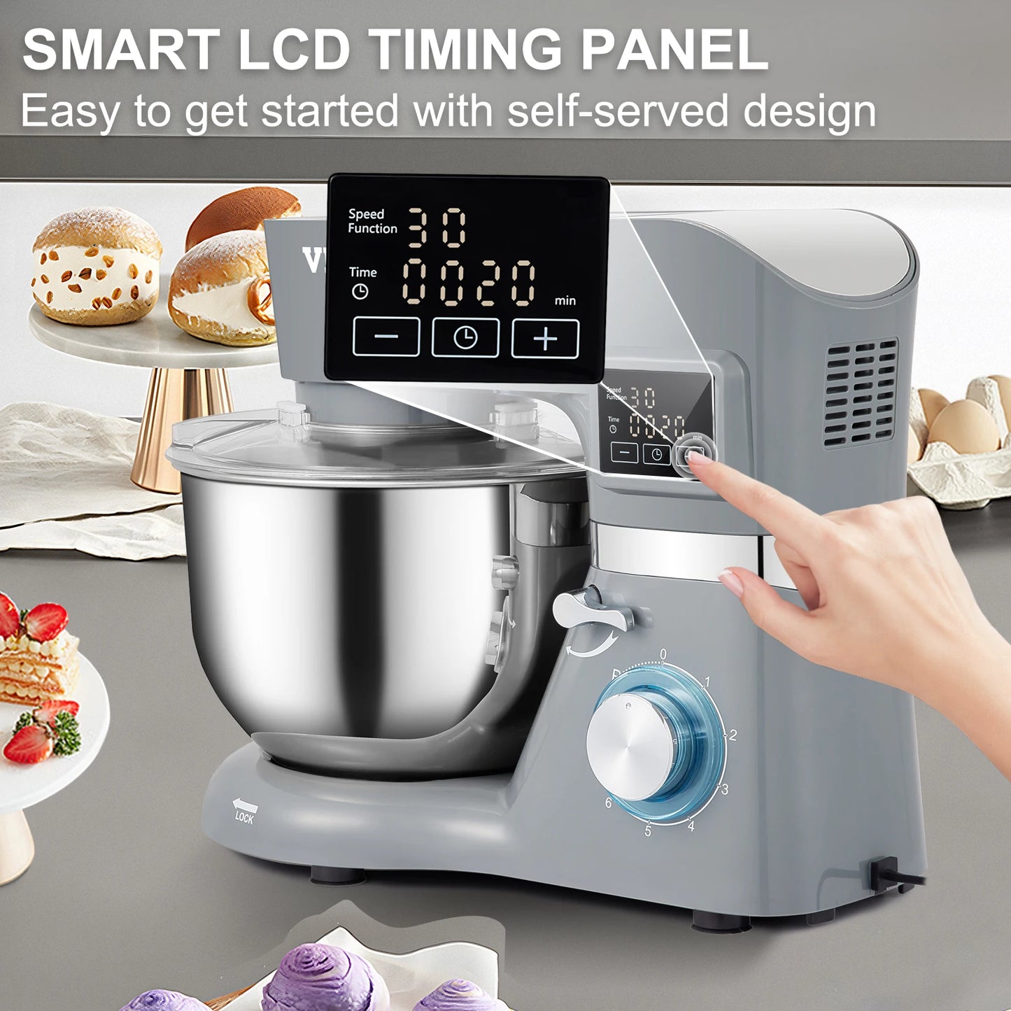 Electric Stand Mixer with 6 Speeds LCD Screen 5.8 Qt Stainless Steel Bowl