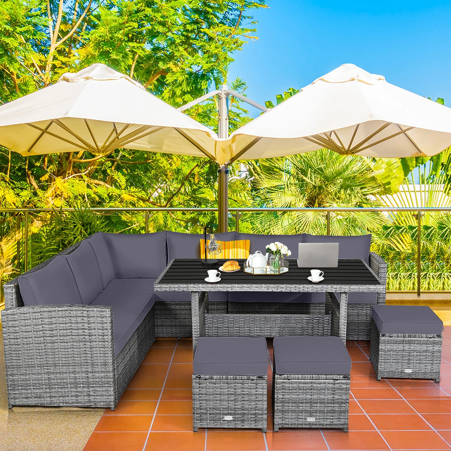 7 PCS Rattan Dining Set, Sectional Sofa Couch, with Ottoman