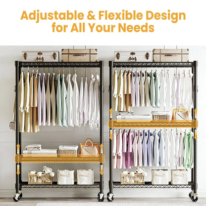 3-Tier Rolling Metal Garment Rack with Adjustable Shelves & Dual Hanging Rods