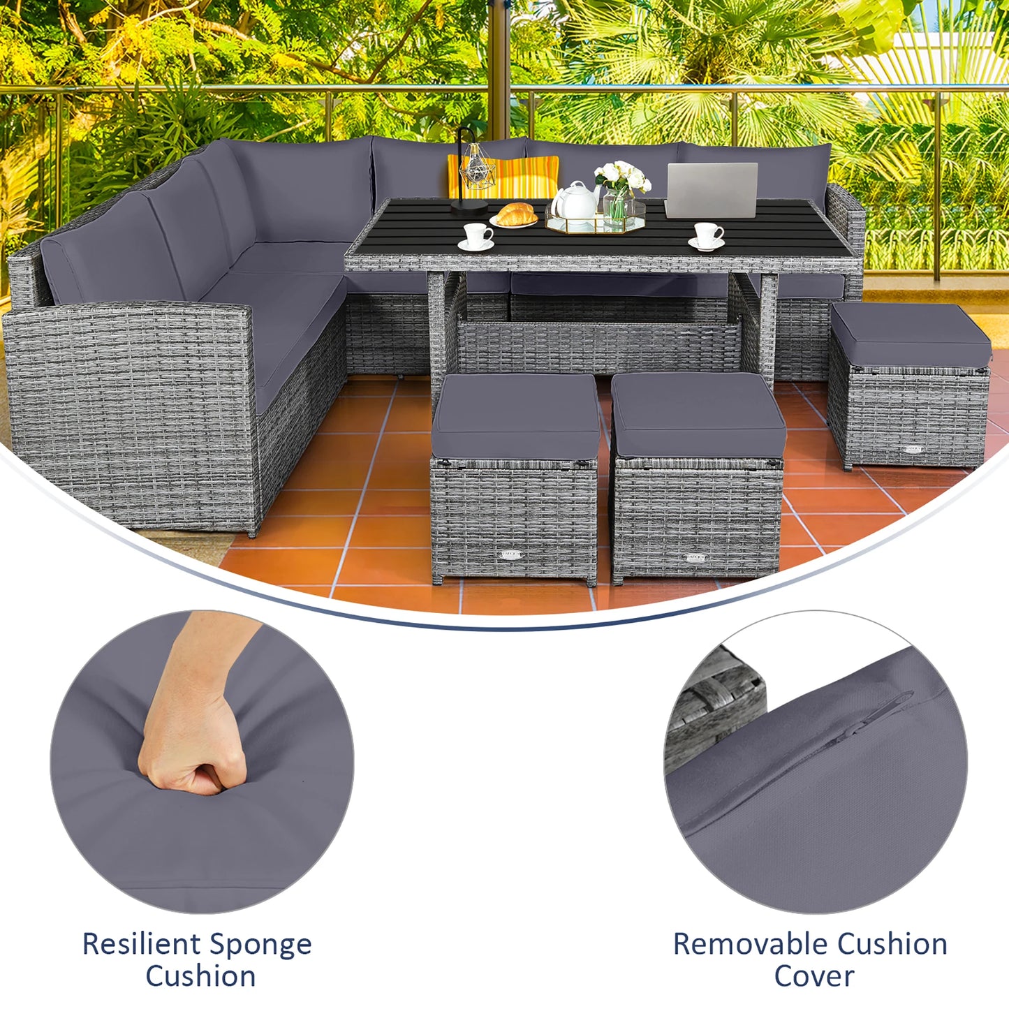 7 PCS Rattan Dining Set, Sectional Sofa Couch, with Ottoman