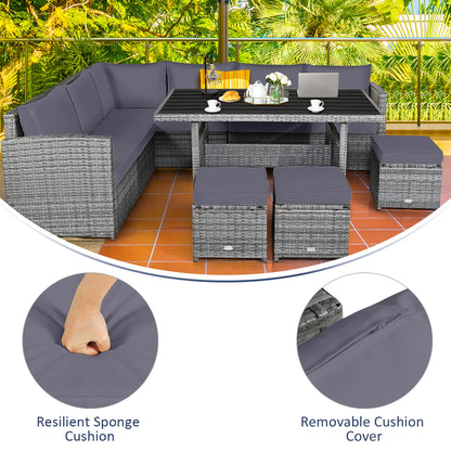 7 PCS Rattan Dining Set, Sectional Sofa Couch, with Ottoman