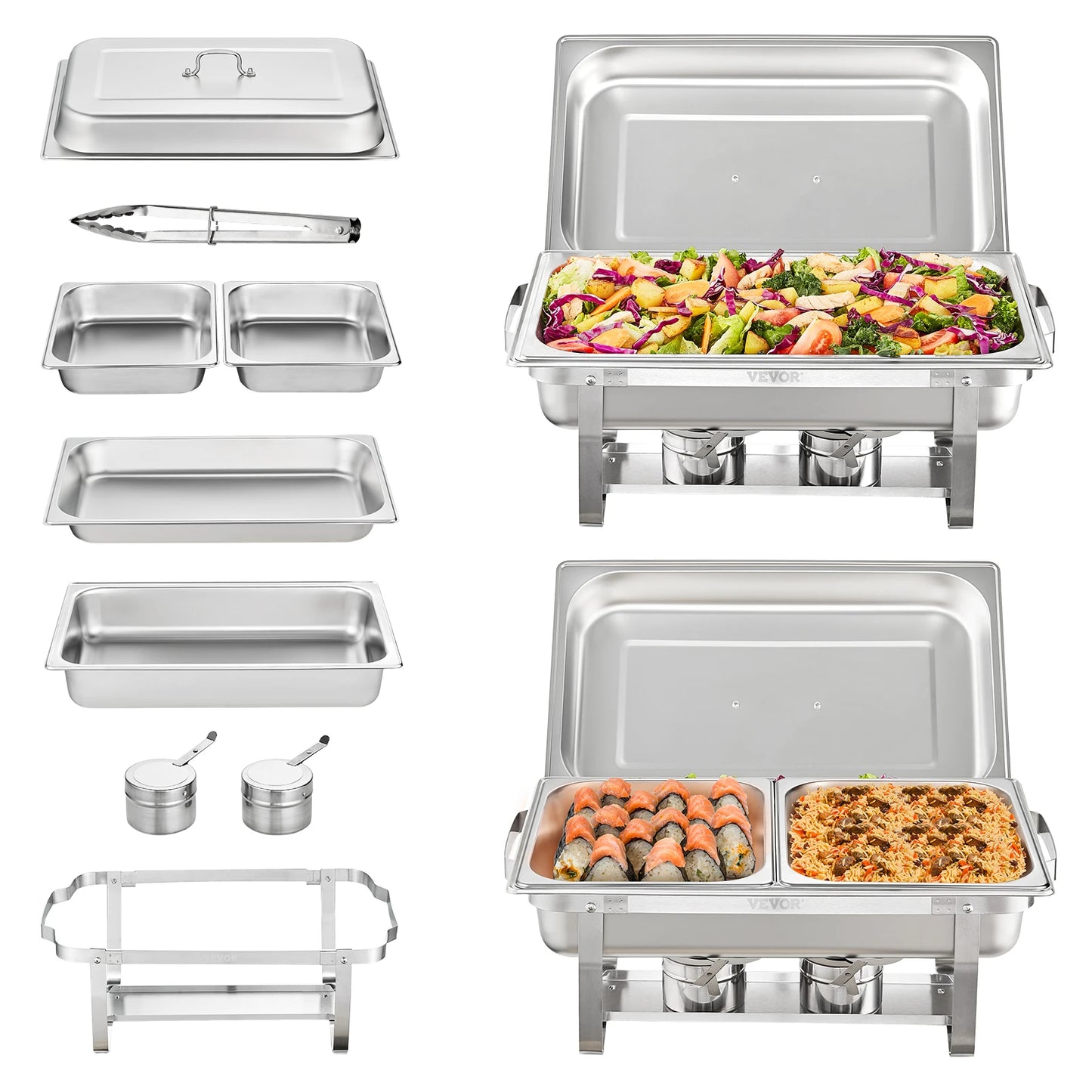 8QT Rectangle Chafing Dish 2/4/6 Packs with Folding Stand and Fuel Holder