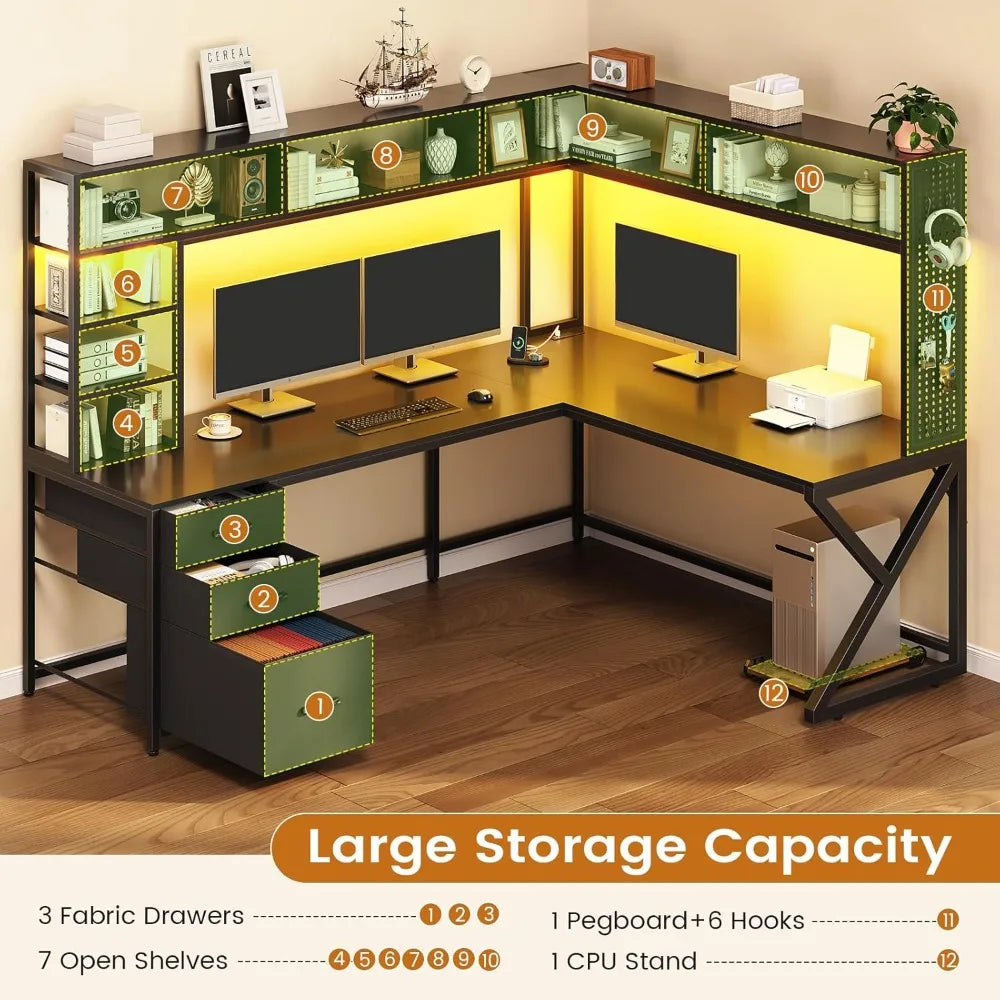 L-Shaped Gaming Desk with Storage, LED Lights & Power Outlet
