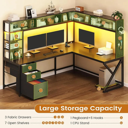 L-Shaped Gaming Desk with Storage, LED Lights & Power Outlet