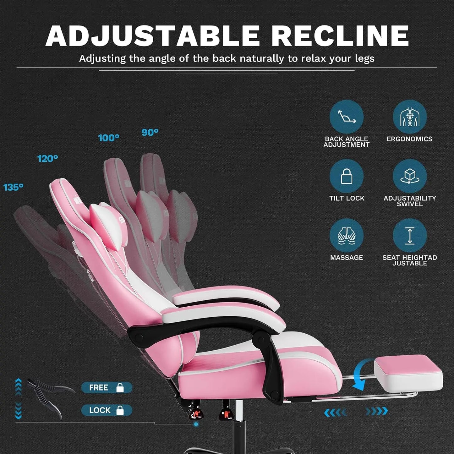 Height Adjustable Ergonomic Video Gaming / Computer Chair with Messaging Lumbar Support