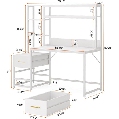55 Inch Computer Desk with 2 Drawers and Storage Shelves