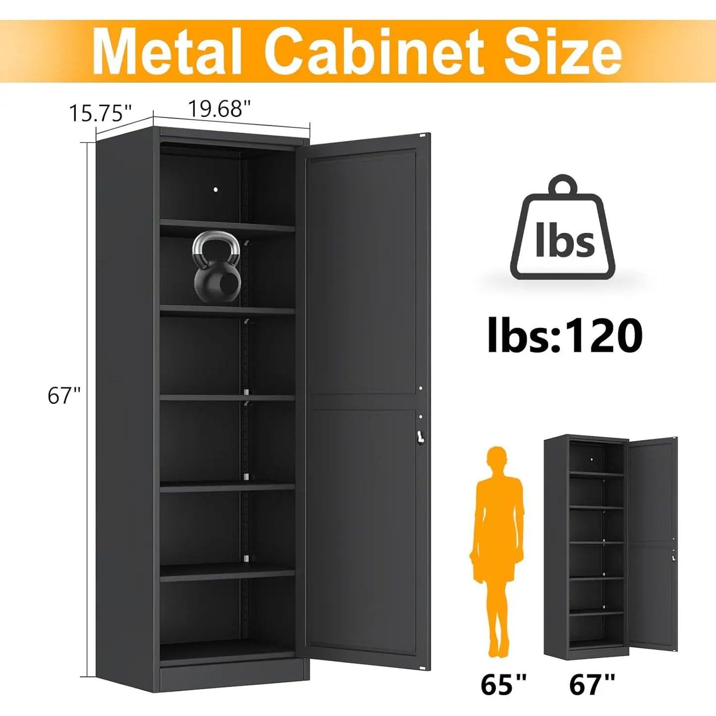 Black Single Door Locking Metal Cabinet 67"H 20"W