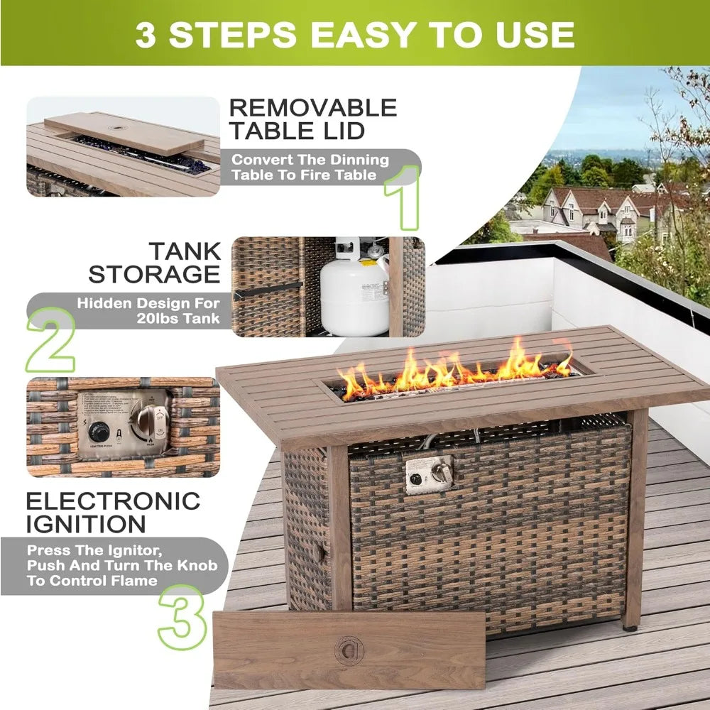 Smokeless Outdoor Fireplace Table. With Rattan Design. 43-inch Propane Gas