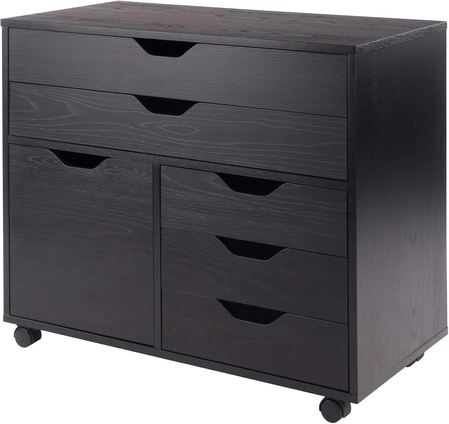 Mobile Cabinet with 5 Drawers and Side Storage, Black Finish