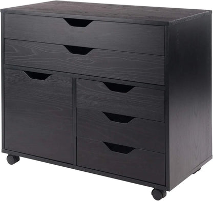 Mobile Cabinet with 5 Drawers and Side Storage, Black Finish