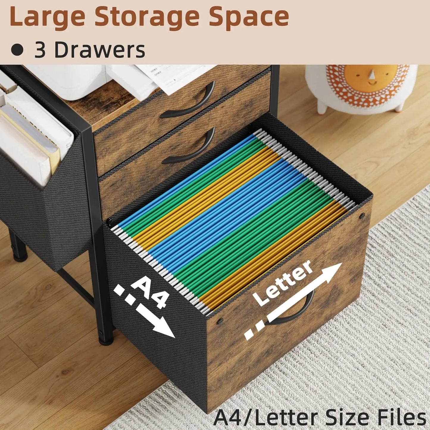 45''H 3-Drawer File Cabinet with Charging Station with Storage for Printer