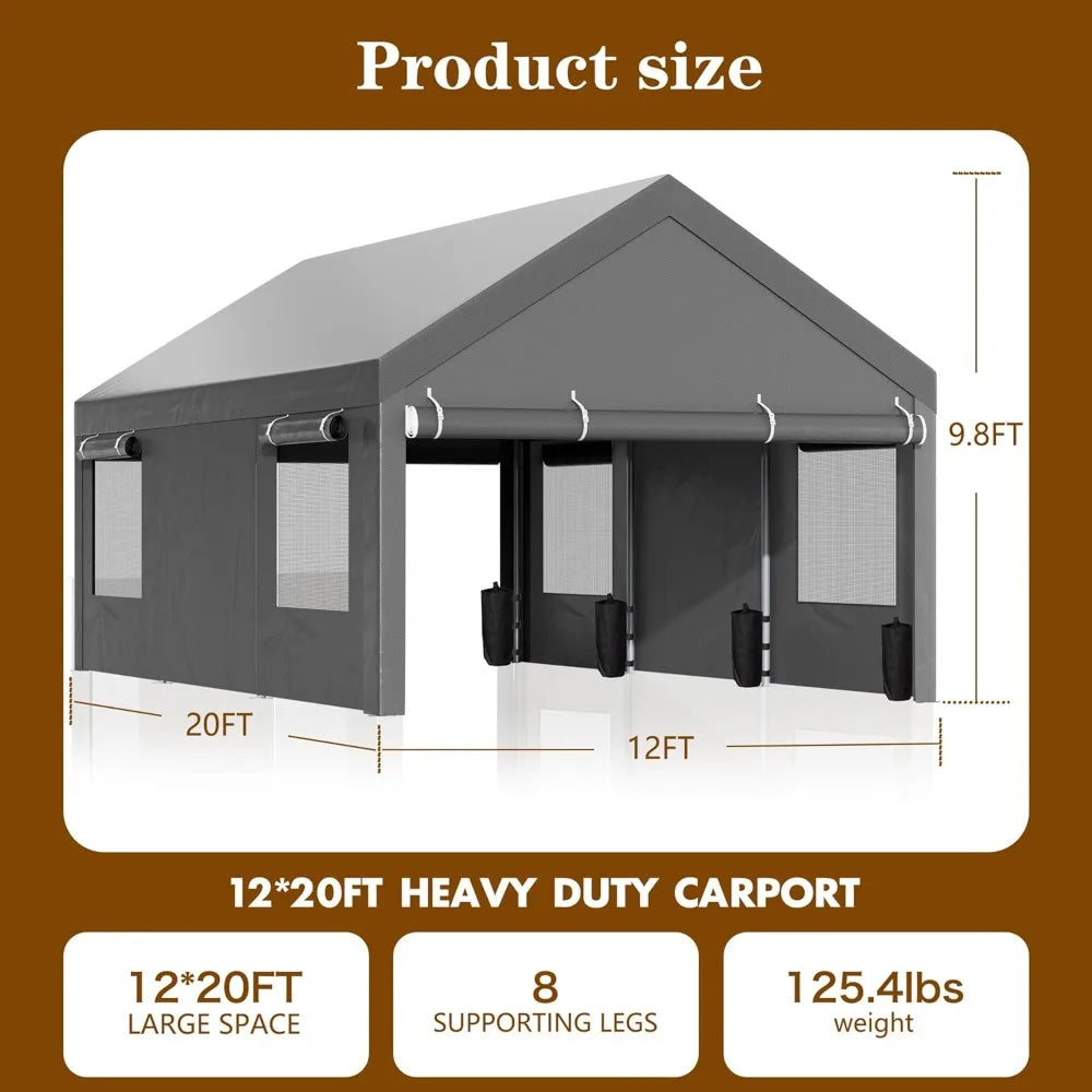 12x20 ft Heavy Duty Portable Garage with Roll-up Windows