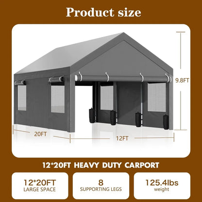 12x20 ft Heavy Duty Portable Garage with Roll-up Windows