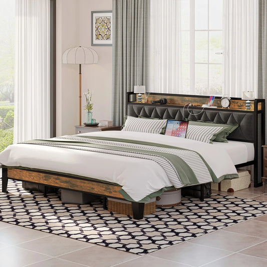 Storage Headboard with Outlets, Twin/Twin XL/Full/Queen/King/California King Bed Frames, No Box Springs Needed
