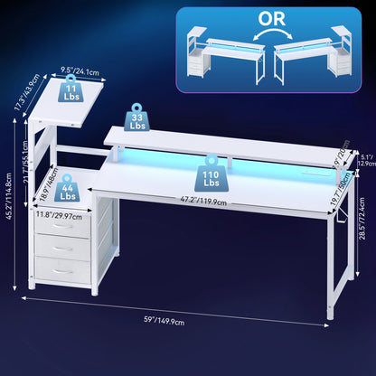 52In to 59In Gaming Desk with 3 Storage Drawers, LED Lights, and Power Outlets