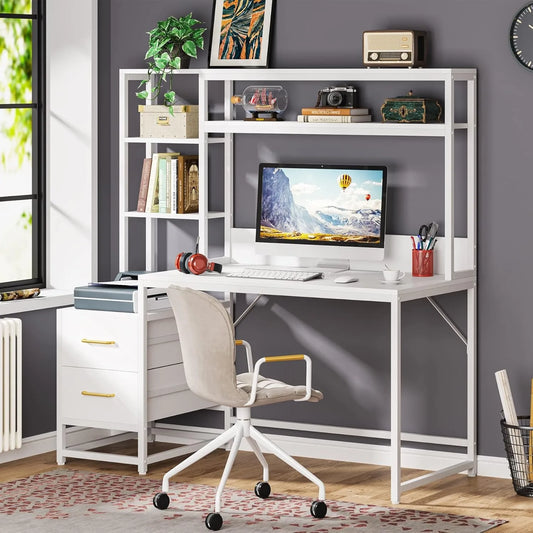 55 Inch Computer Desk with 2 Drawers and Storage Shelves