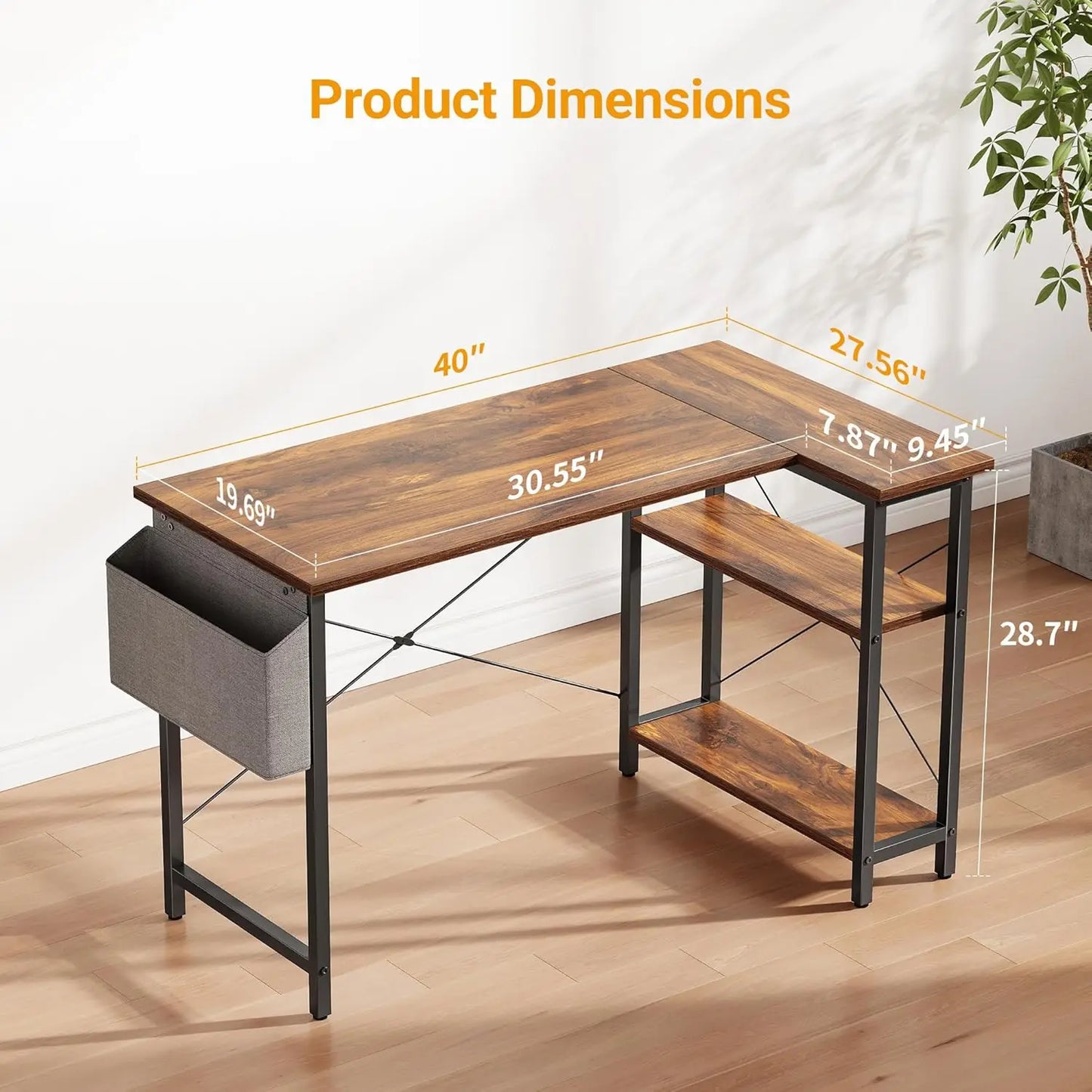 40" L-Shaped Computer / Gaming Desk with Reversible Storage Shelves,